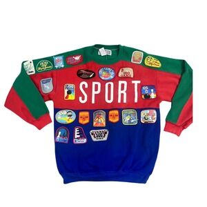 Carriage Court Vintage Sport Colorblock Bowling Patch Sweatshirt Size S Red Blue